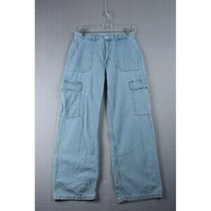 Bershka Denim Womens Cargo Jeans Wide Leg Size 4 Pockets Light Wash Summer Wear